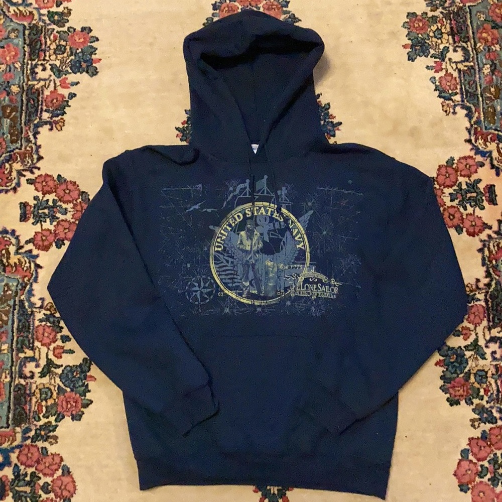 Navy blue US Navy sweatshirt.